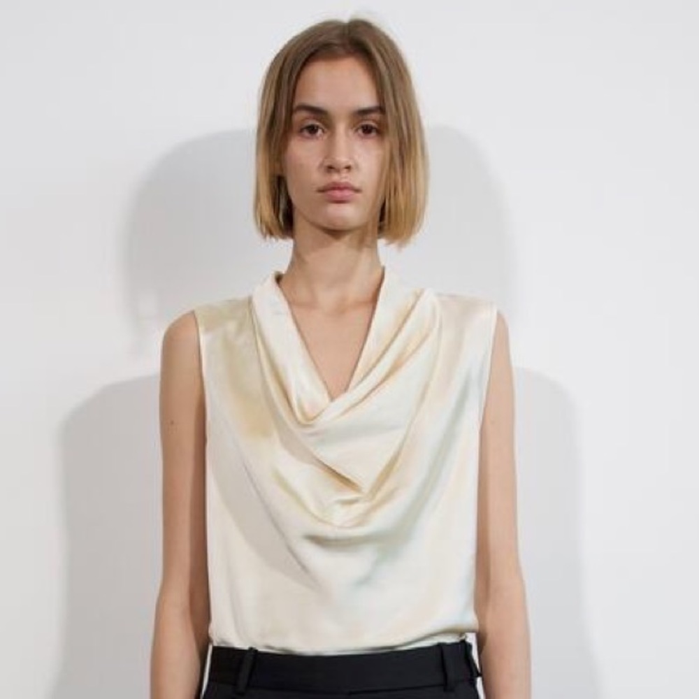 NWT ZARA - Fluid neckline satin effect top soft gold XS